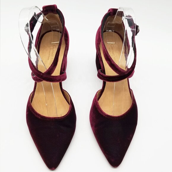 Garnet Hill Esta Crossover Strap Block Heels Burgundy Velvet Size 38 Pointy Toe - Picture 12 of 16